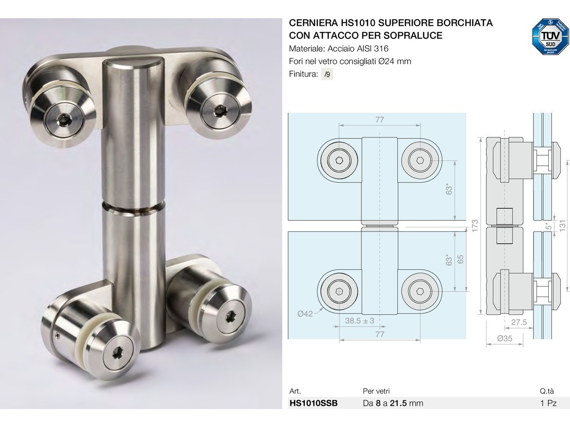 Cerniera hs1010 superiore borchiata con attacco per sopraluce Logli Massimo Saint Gobain