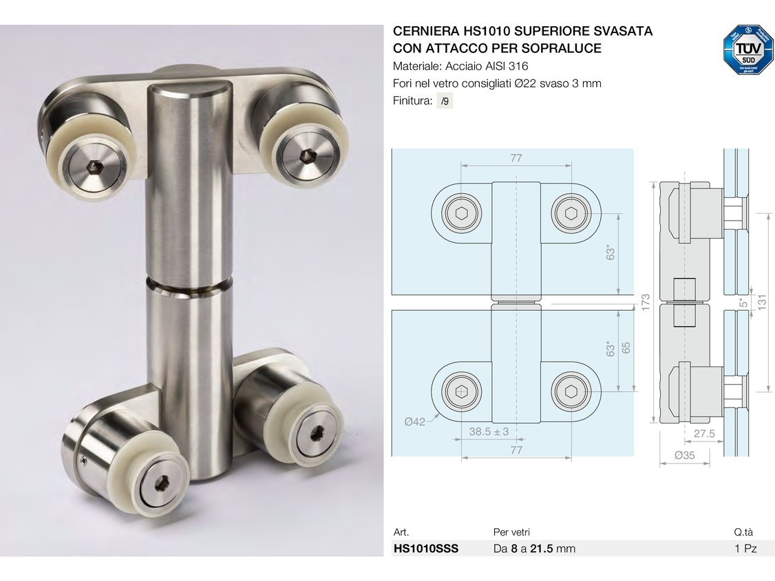 Cerniera hs1010 superiore svasata con attacco per sopraluce Logli Massimo Saint Gobain