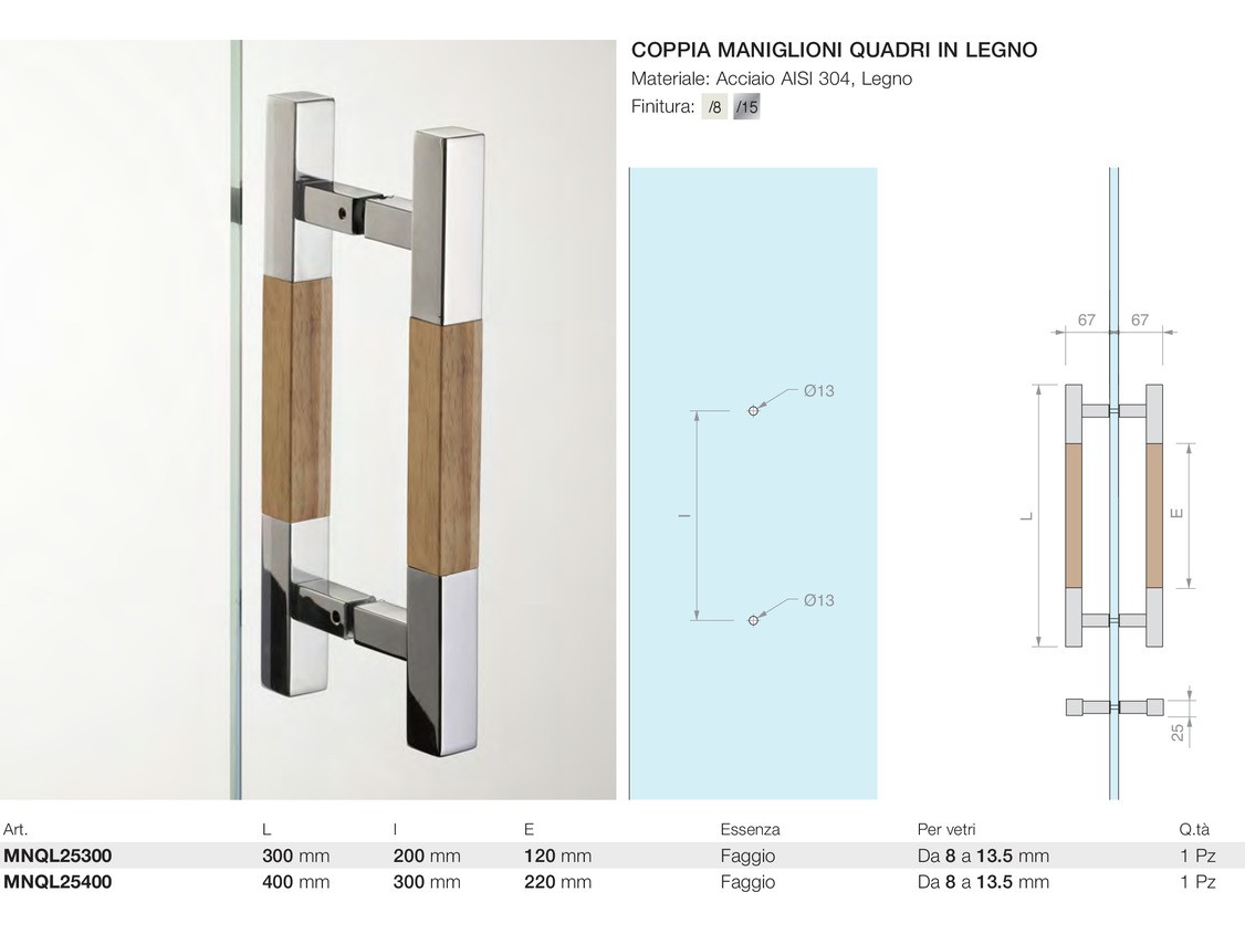 Coppia maniglioni quadri in legno Logli Massimo Saint Gobain