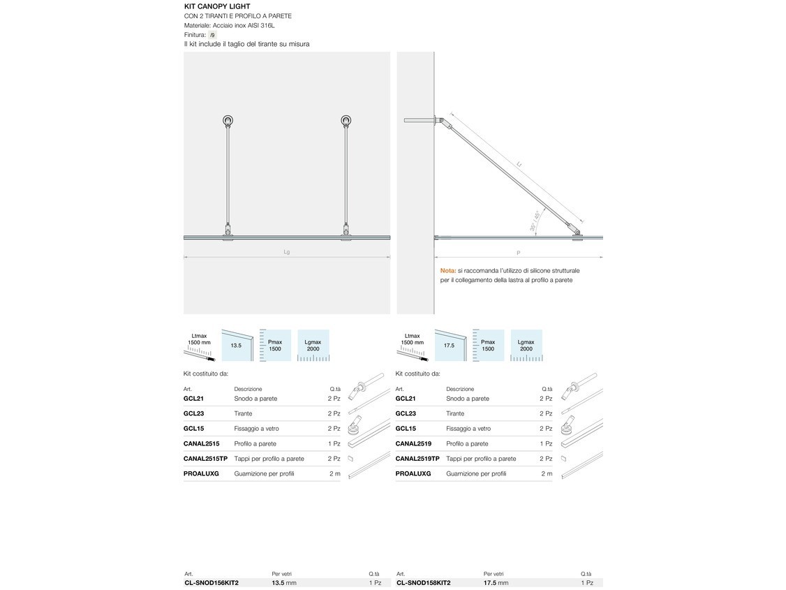 Kit canopy light con 2 tiranti e profilo a parete Logli Massimo Saint Gobain