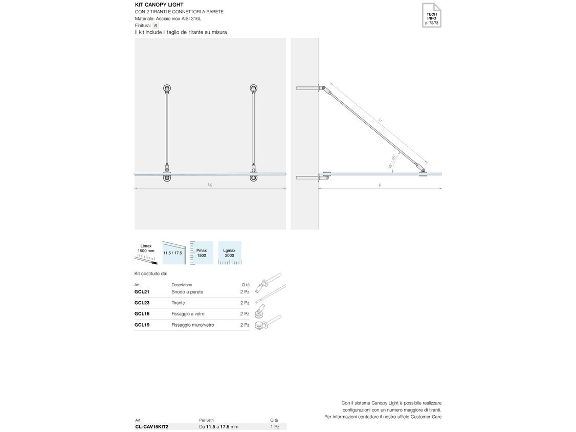 Kit canopy light con 2 tiranti e connettori a parete Logli Massimo Saint Gobain