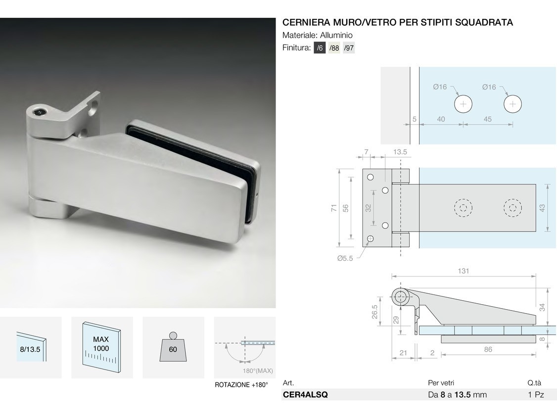 Cerniera muro/vetro per stipiti squadrata Logli Massimo Saint Gobain