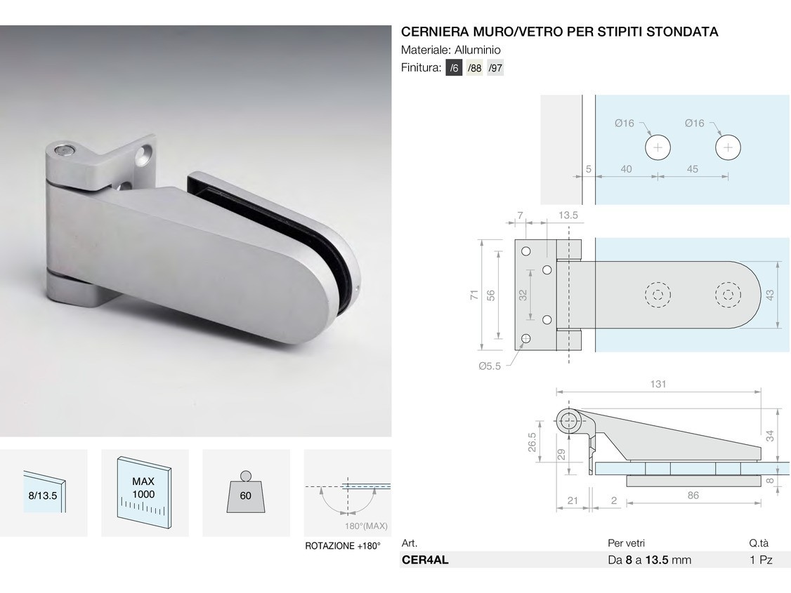 Cerniera muro/vetro per stipiti stondata Logli Massimo Saint Gobain