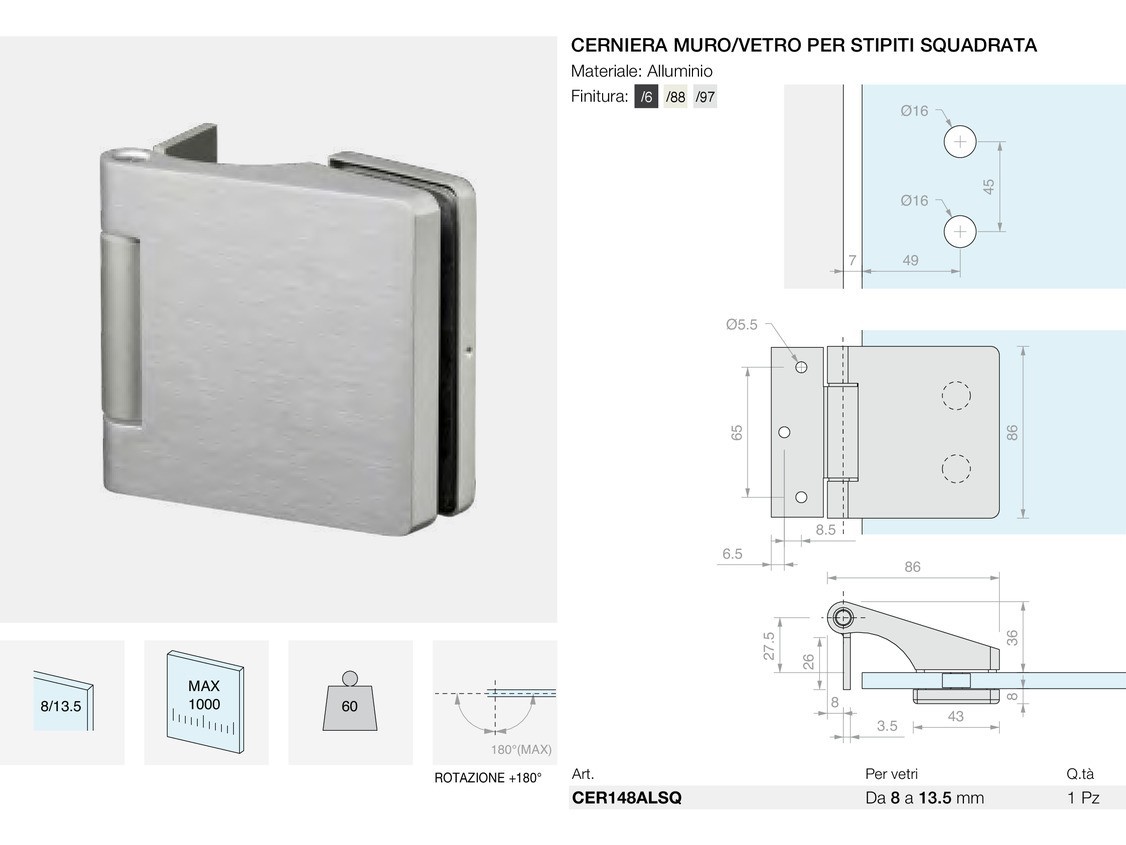 Cerniera muro/vetro per stipiti squadrata Logli Massimo Saint Gobain