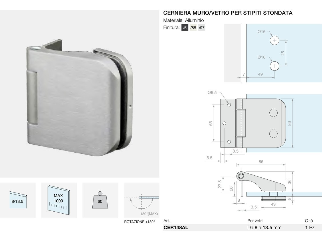 Cerniera muro/vetro per stipiti stondata Logli Massimo Saint Gobain