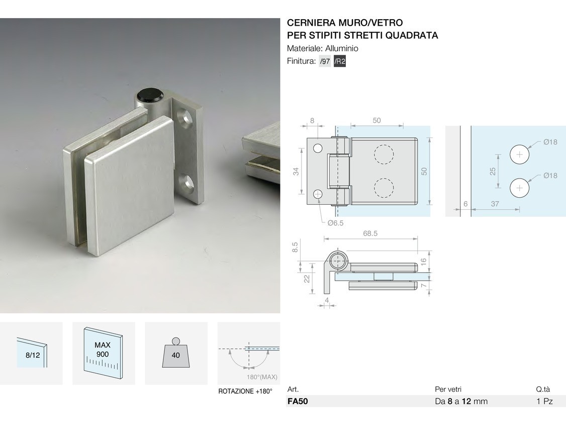 Cerniera muro/vetro per stipiti stretti quadrata Logli Massimo Saint Gobain