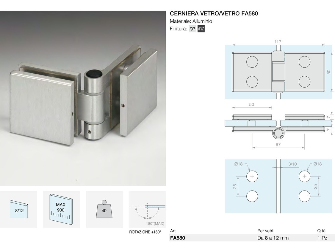 Cerniera vetro/vetro fa580 Logli Massimo Saint Gobain