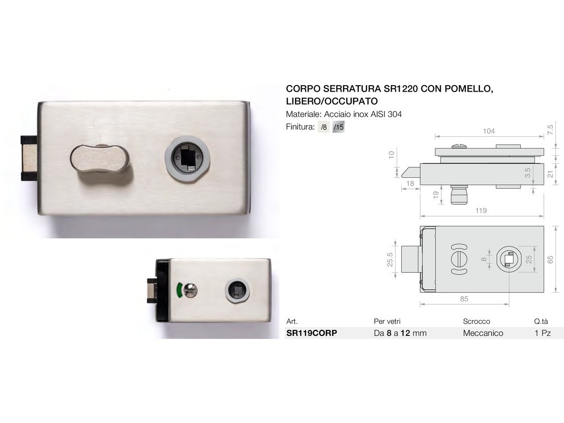 Corpo serratura sr1220 con pomello e libero/occupato Logli Massimo Saint Gobain