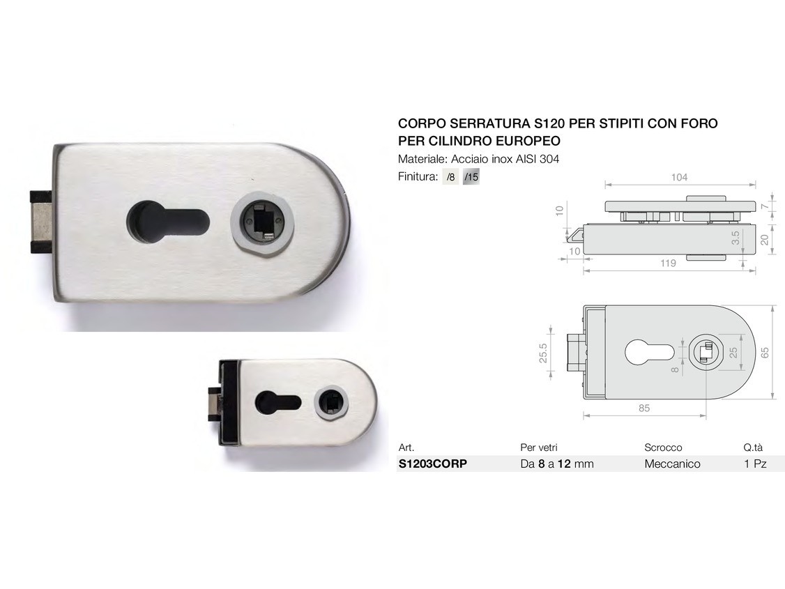 Corpo serratura s120 per stipiti con foro per cilindro europeo Logli Massimo Saint Gobain