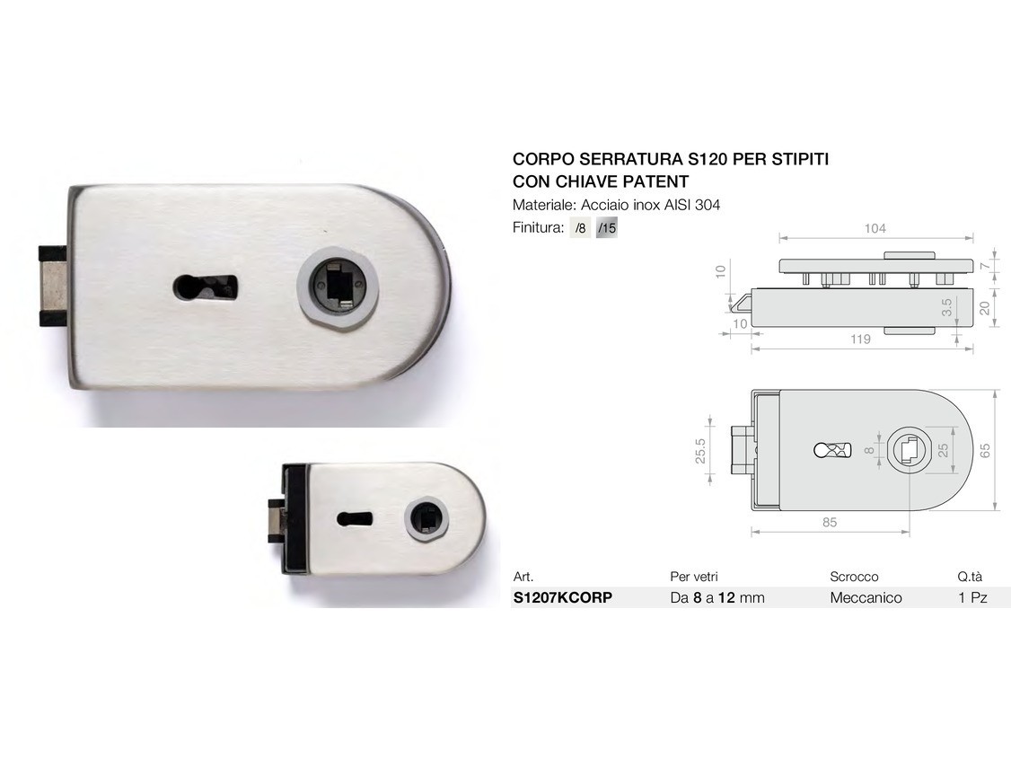 Corpo serratura s120 per stipiti con chiave patent Logli Massimo Saint Gobain