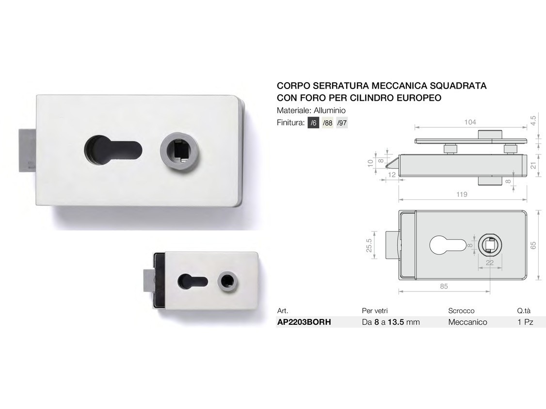 Corpo serratura meccanica squadrata con foro per cilindro europeo Logli Massimo Saint Gobain