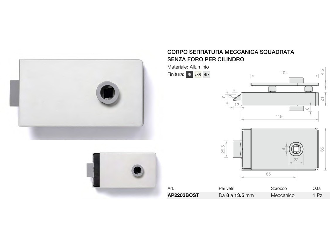 Corpo serratura meccanica squadrata senza foro per cilindro Logli Massimo Saint Gobain