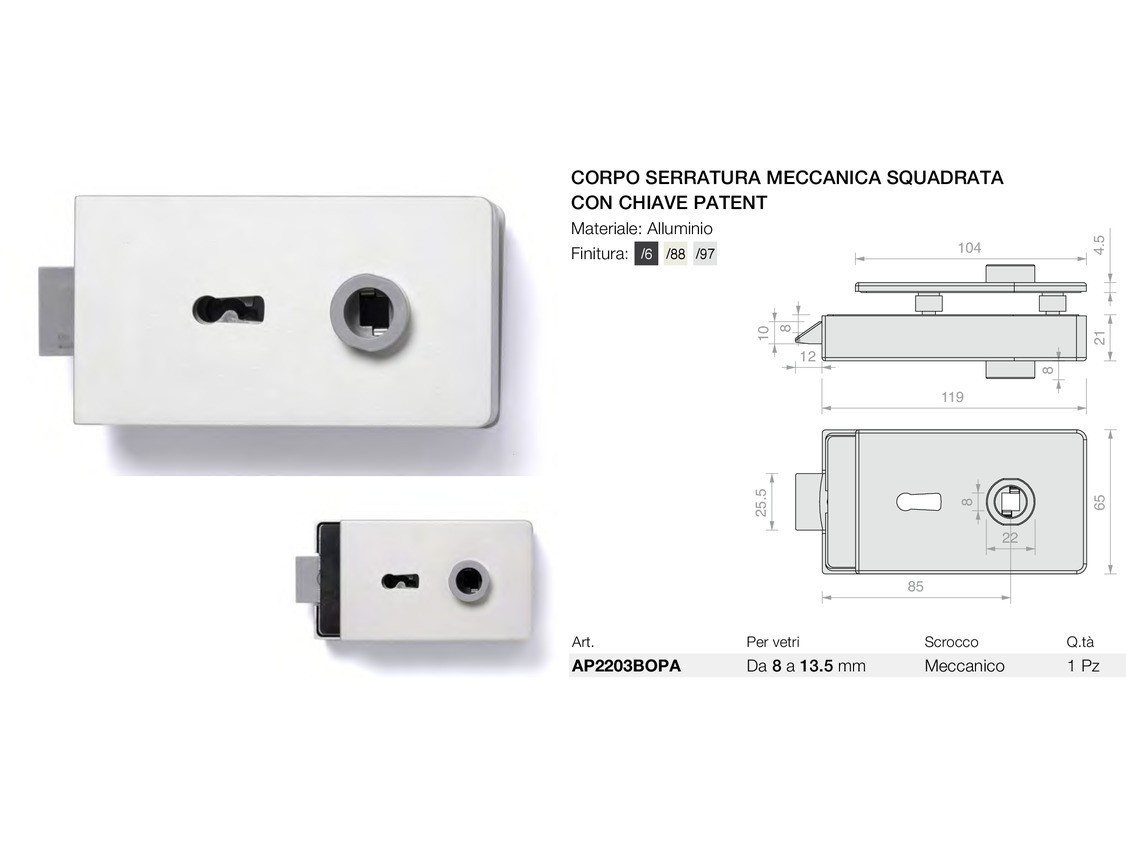 Corpo serratura meccanica squadrata con chiave patent Logli Massimo Saint Gobain