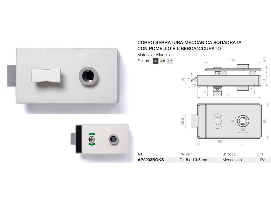 Corpo serratura meccanica squadrata con pomello e libero/occupato Logli Massimo Saint Gobain