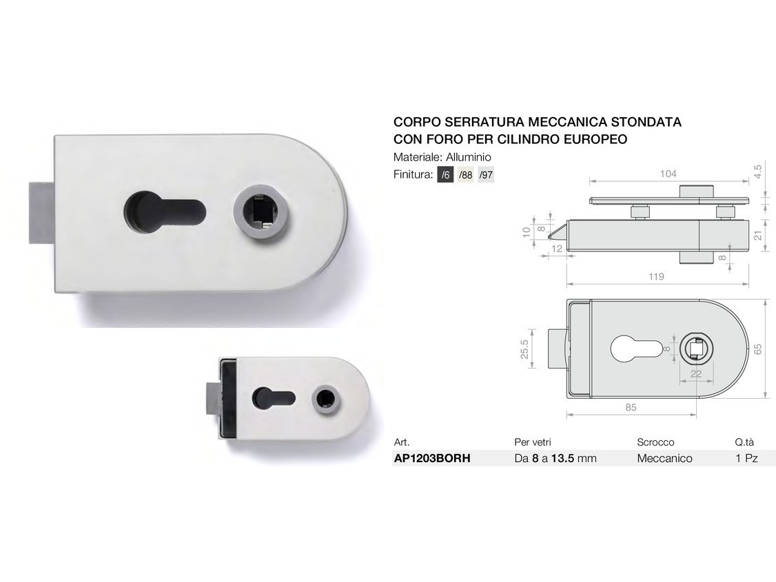 Corpo serratura meccanica stondata con foro per cilindro europeo Logli Massimo Saint Gobain