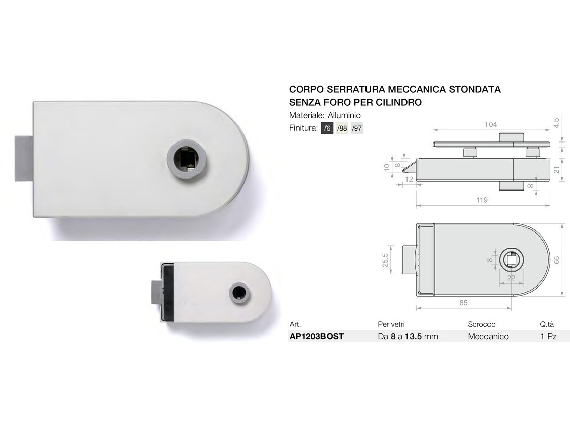 Corpo serratura meccanica stondata senza foro per cilindro Logli Massimo Saint Gobain