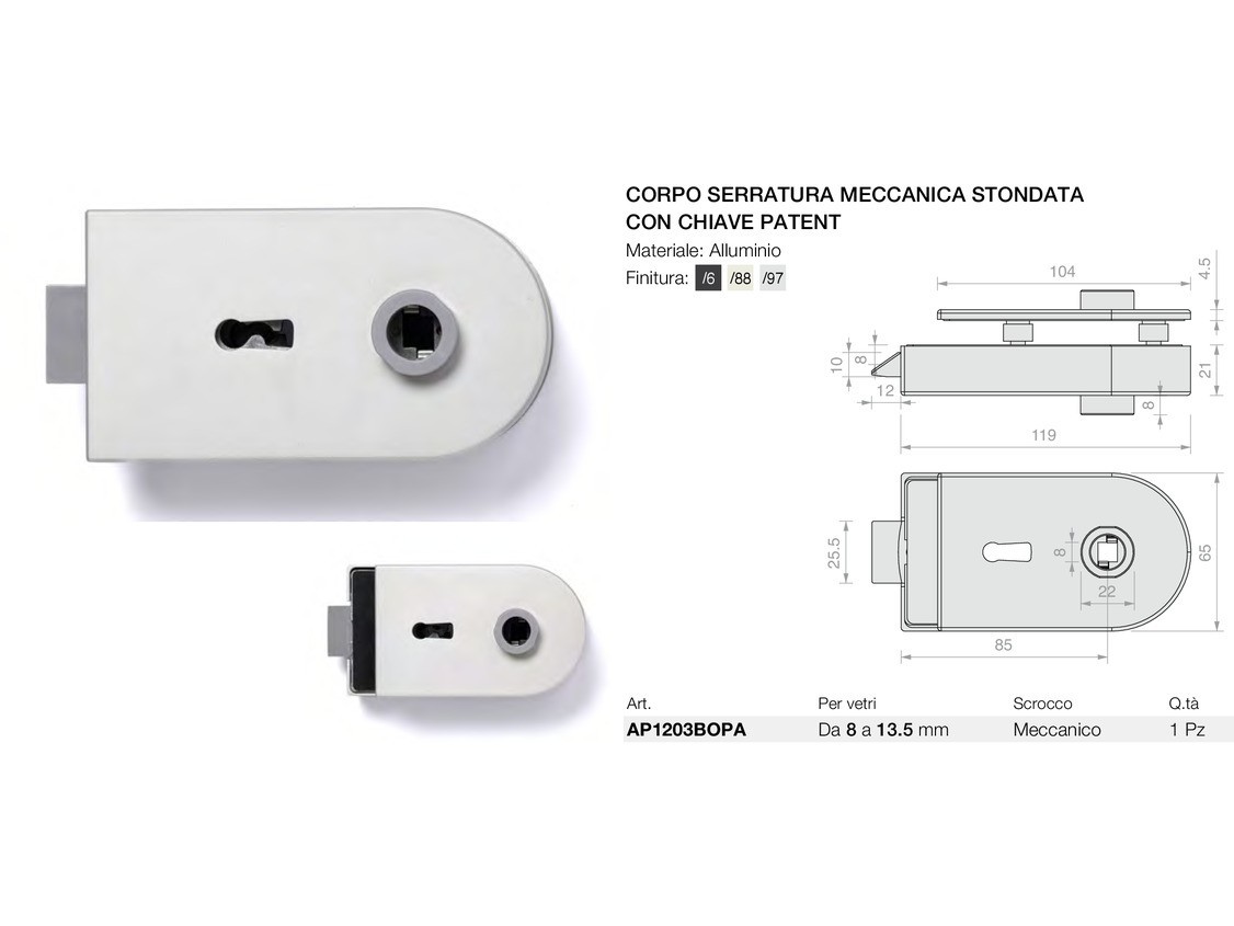 Corpo serratura meccanica stondata con chiave patent Logli Massimo Saint Gobain