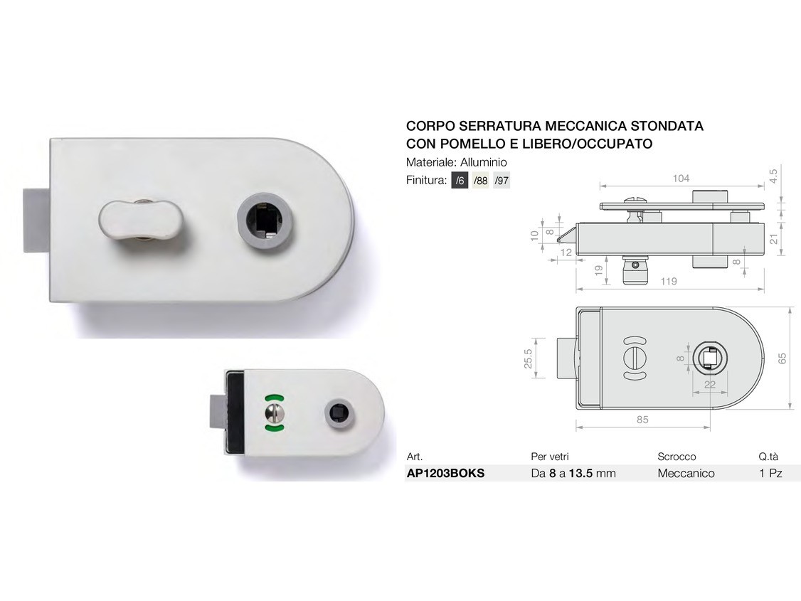 Corpo serratura meccanica stondata con pomello e libero/occupato Logli Massimo Saint Gobain