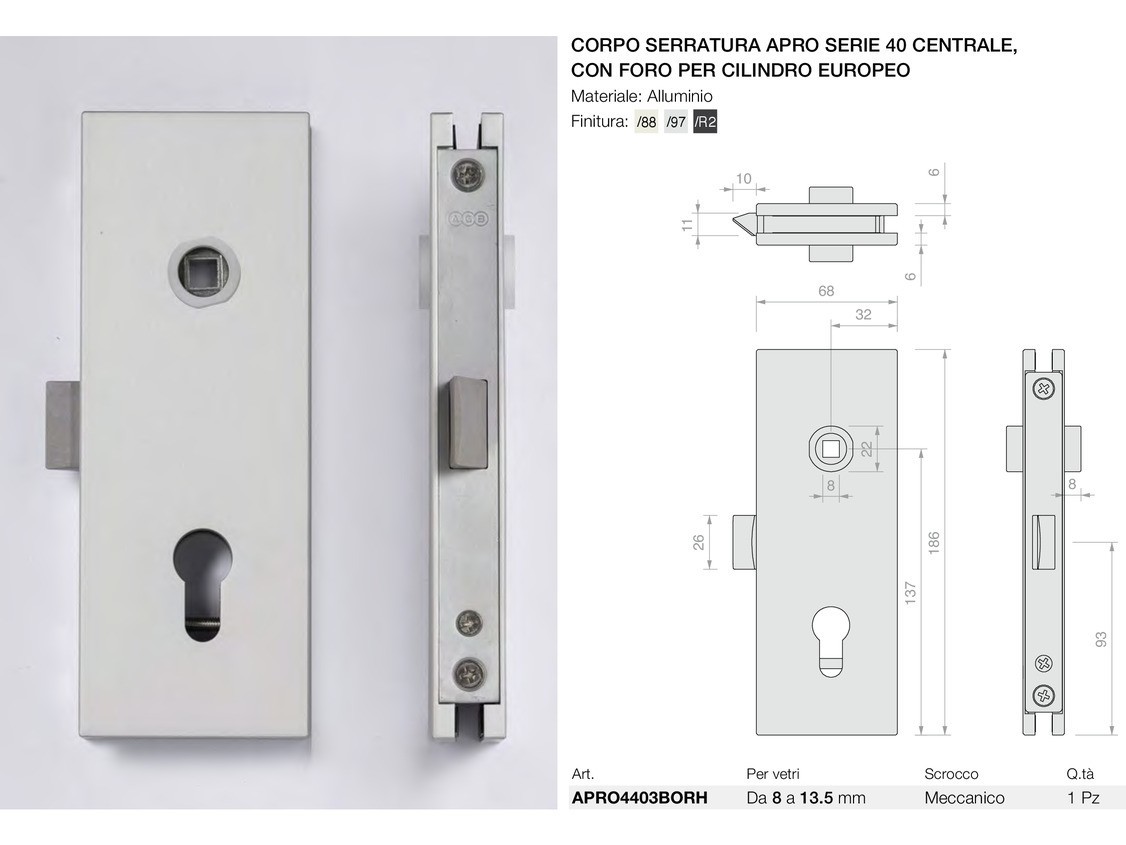 Corpo serratura apro serie 40 centrale con foro per cilindro europeo Logli Massimo Saint Gobain