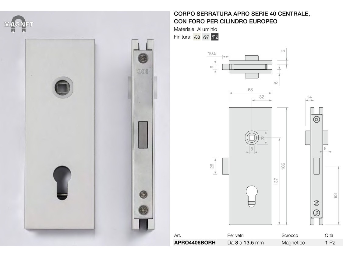 Corpo serratura apro serie 40 centrale con foro per cilindro europeo Logli Massimo Saint Gobain