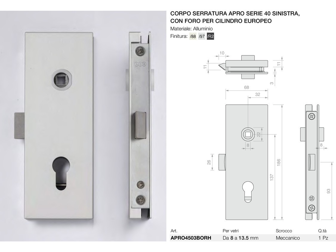 Corpo serratura apro serie 40 sinistra con foro per cilindro europeo Logli Massimo Saint Gobain