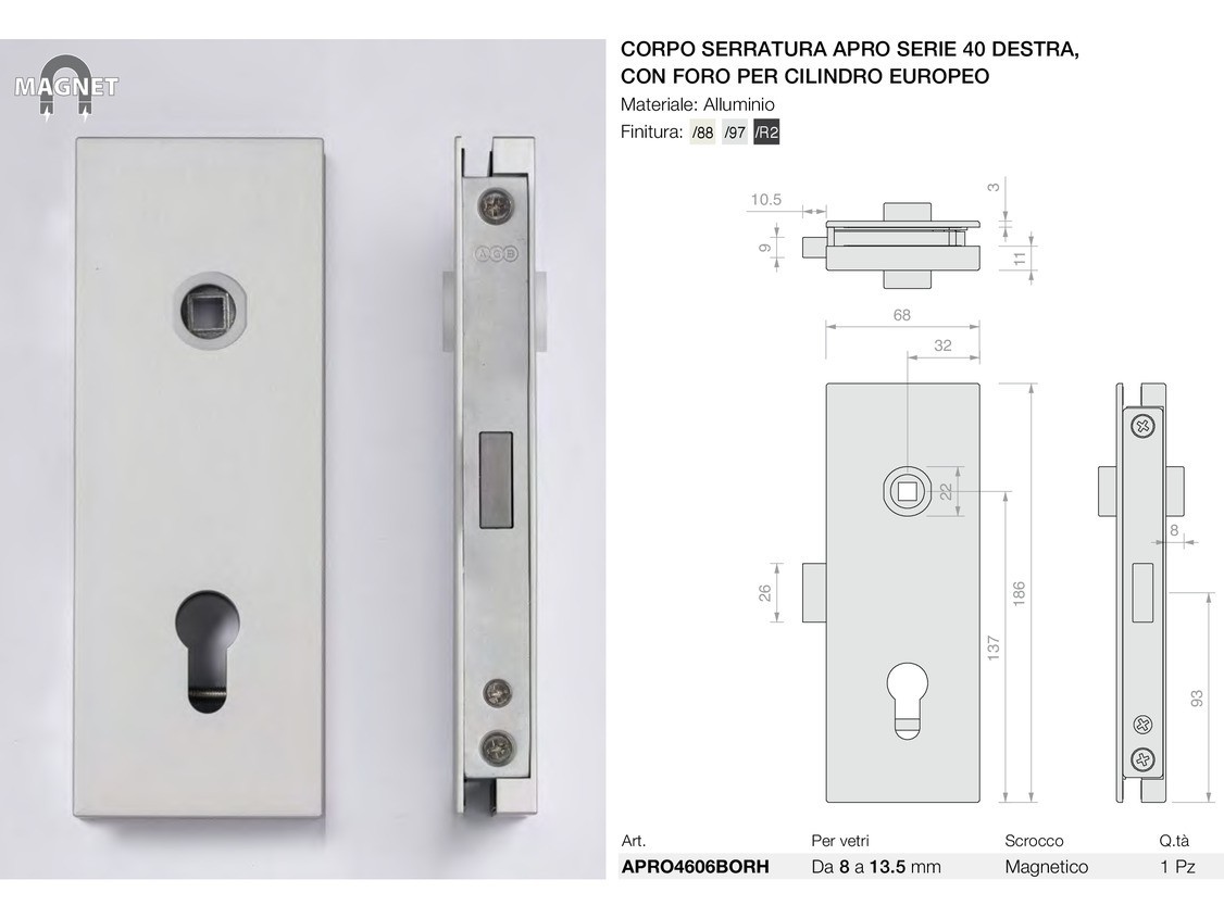 Corpo serratura apro serie 40 destra con foro per cilindro europeo Logli Massimo Saint Gobain