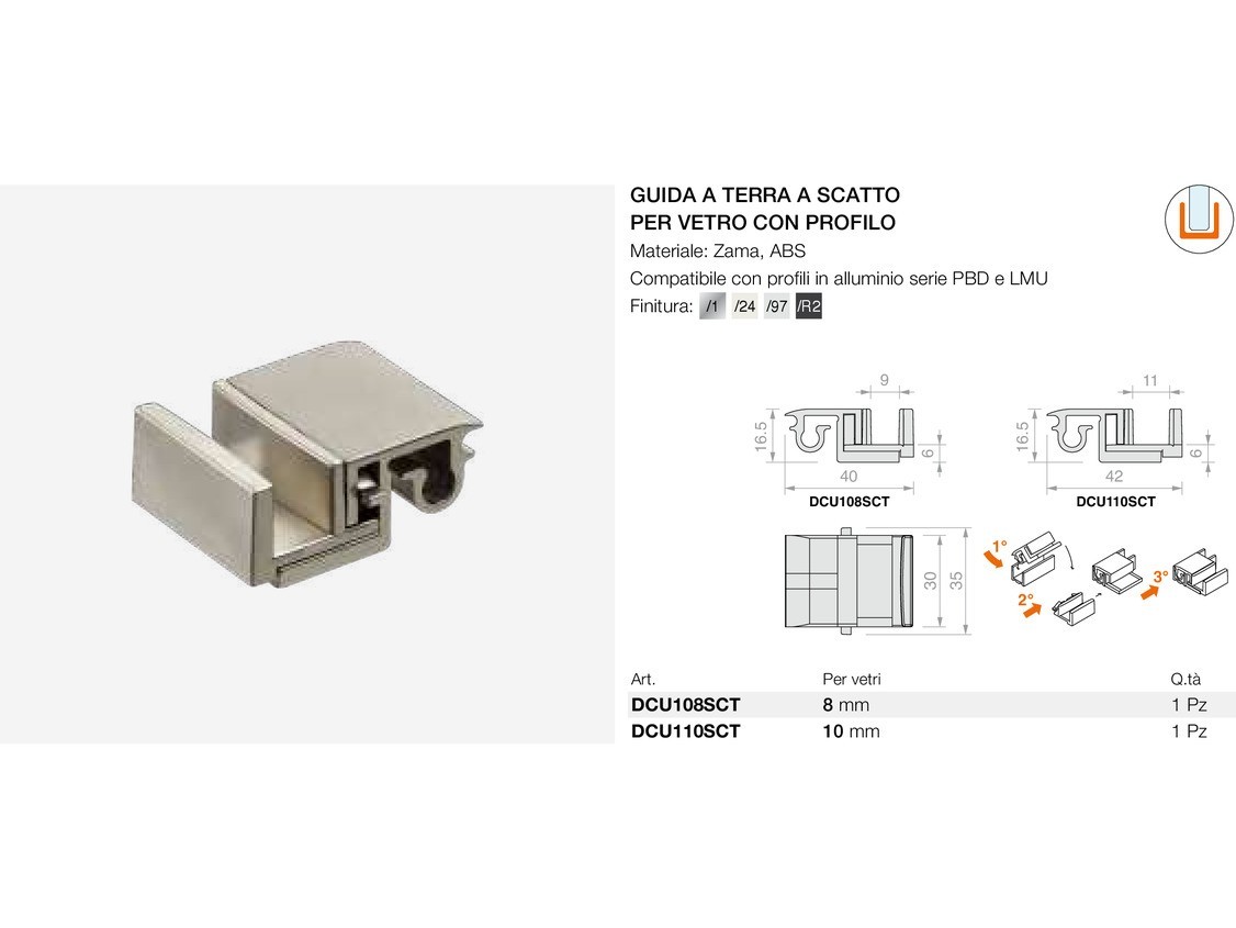Guida a terra a scatto per vetro con profilo Logli Massimo Saint Gobain