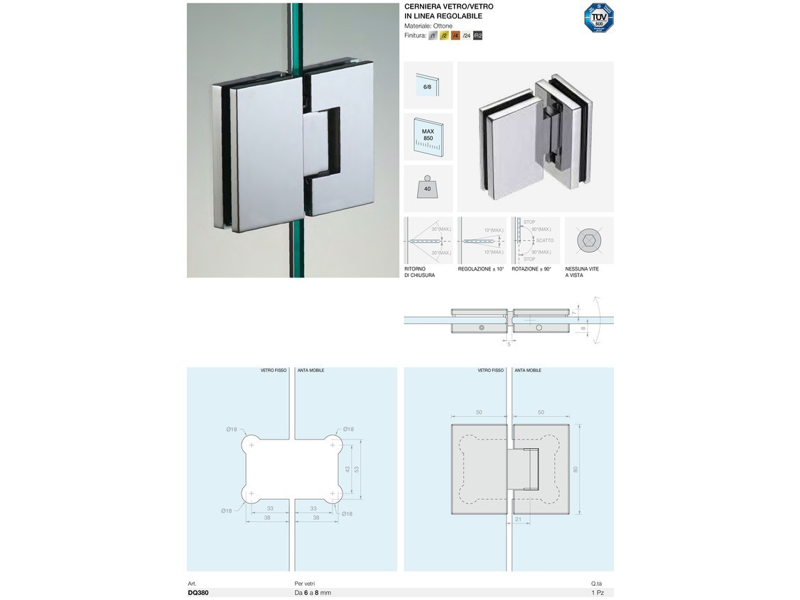 Cerniera vetro/vetro in linea regolabile Logli Massimo Saint Gobain