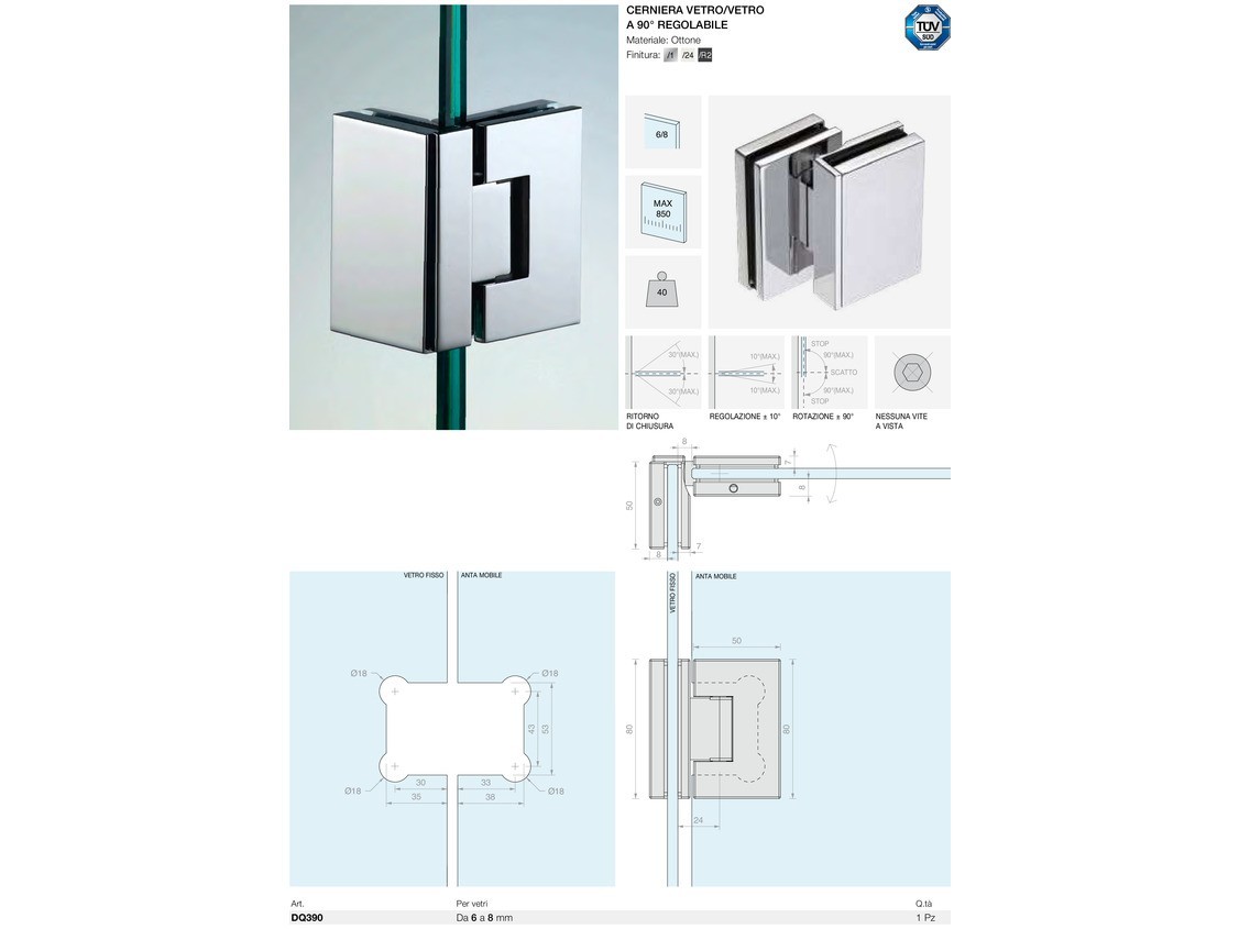 Cerniera vetro/vetro a 90° regolabile Logli Massimo Saint Gobain