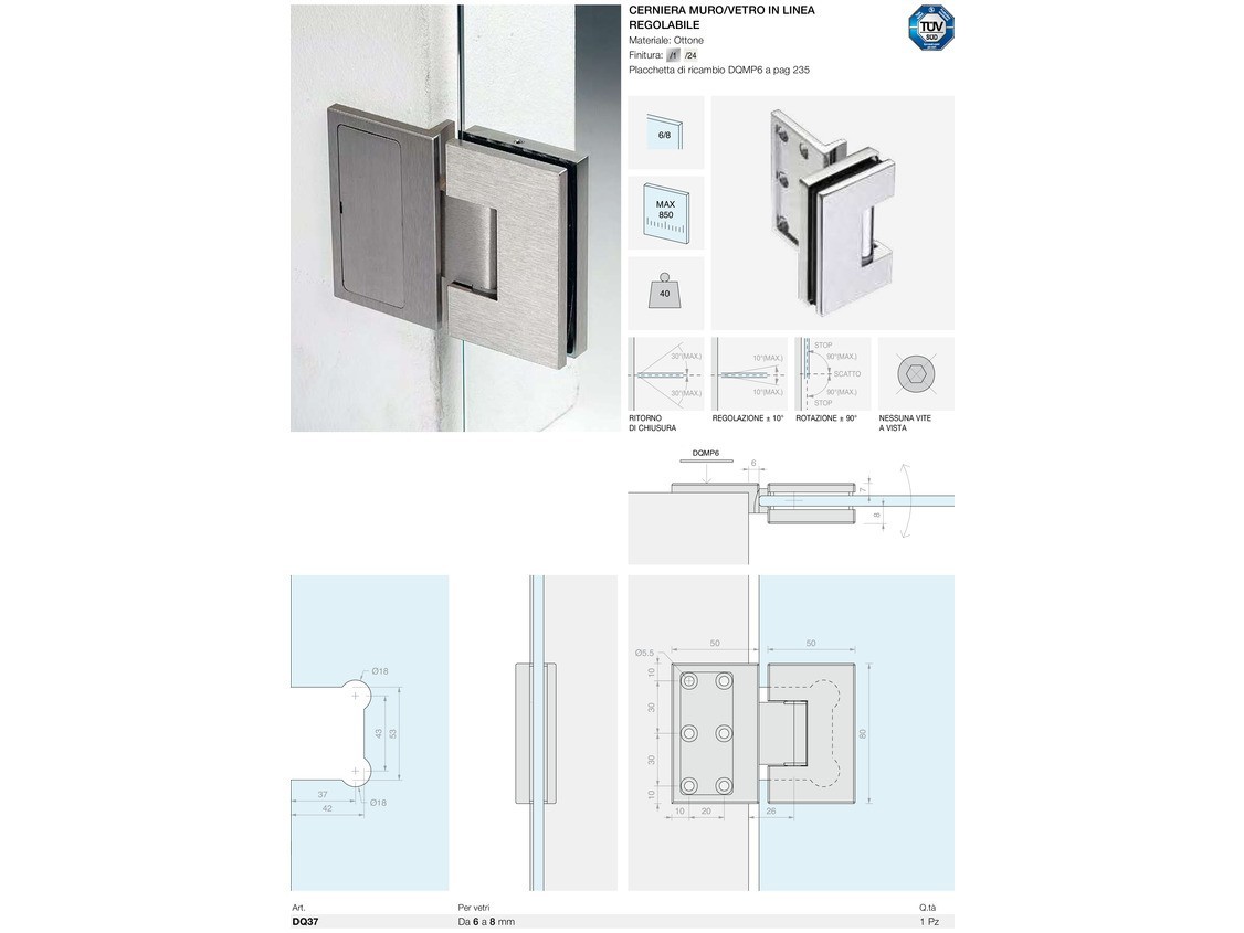 Cerniera muro/vetro in linea regolabile Logli Massimo Saint Gobain