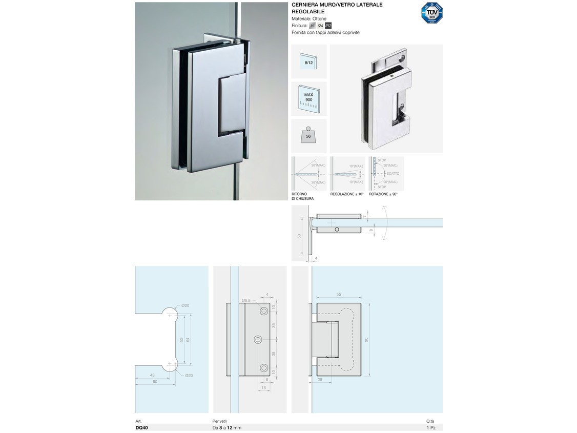 Cerniera muro/vetro laterale regolabile Logli Massimo Saint Gobain