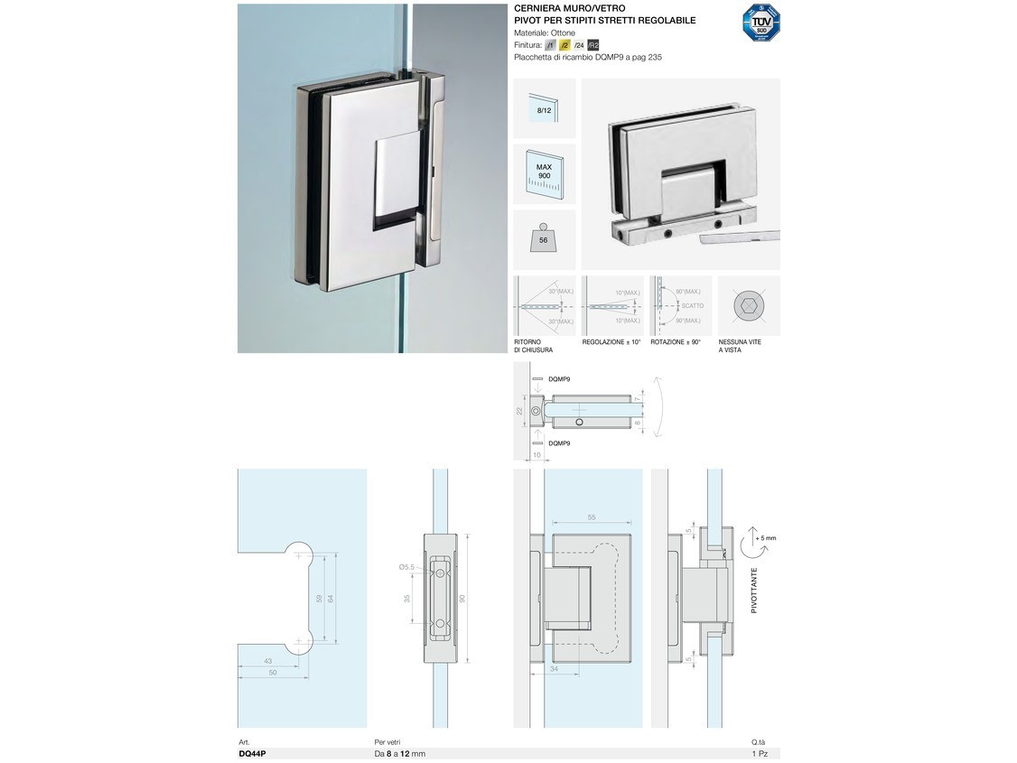 Cerniera muro/vetro pivot per stipiti stretti regolabile Logli Massimo Saint Gobain