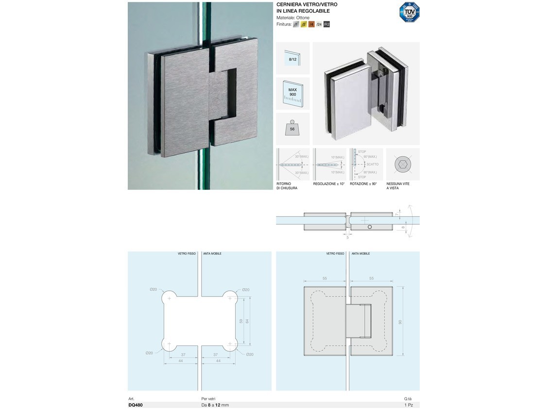 Cerniera vetro/vetro in linea regolabile Logli Massimo Saint Gobain