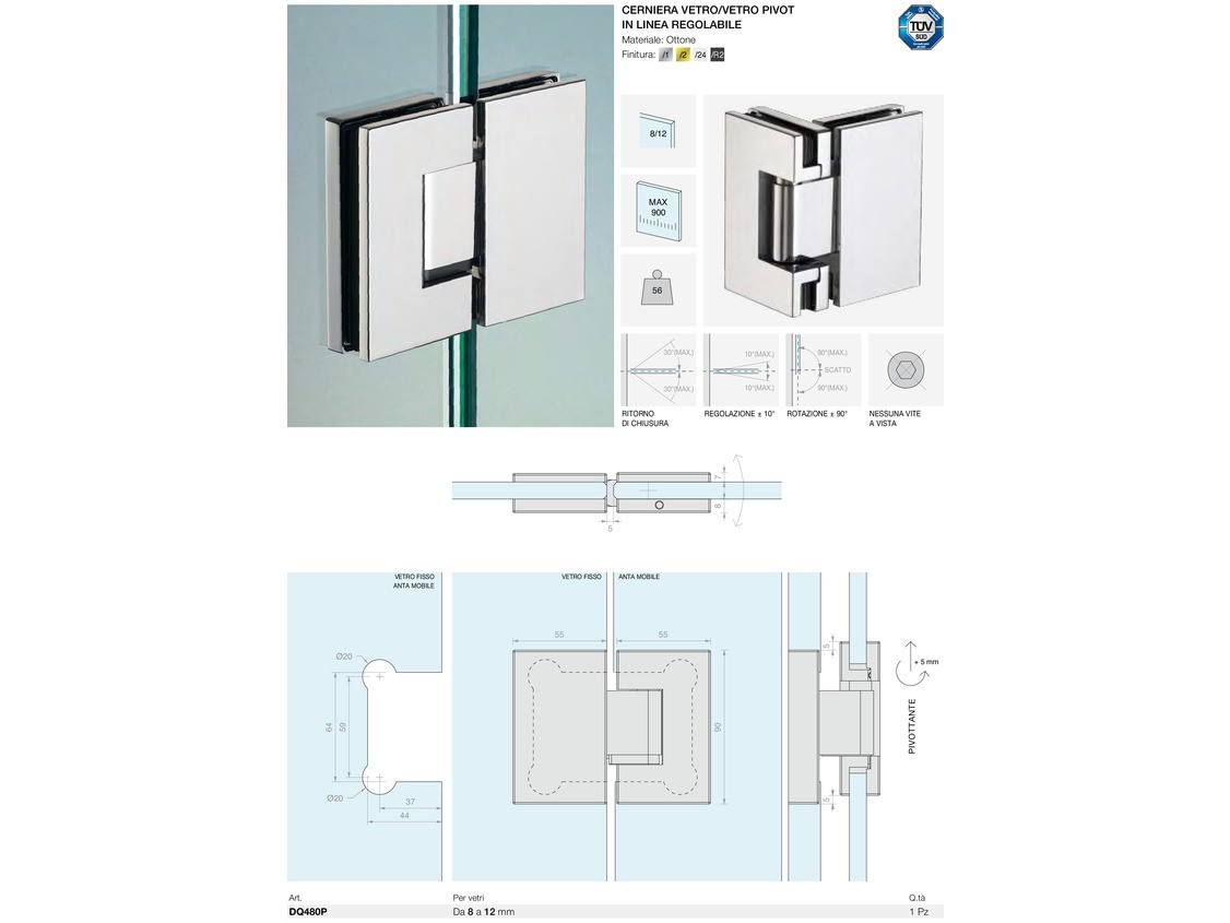 Cerniera vetro/vetro pivot in linea regolabile Logli Massimo Saint Gobain