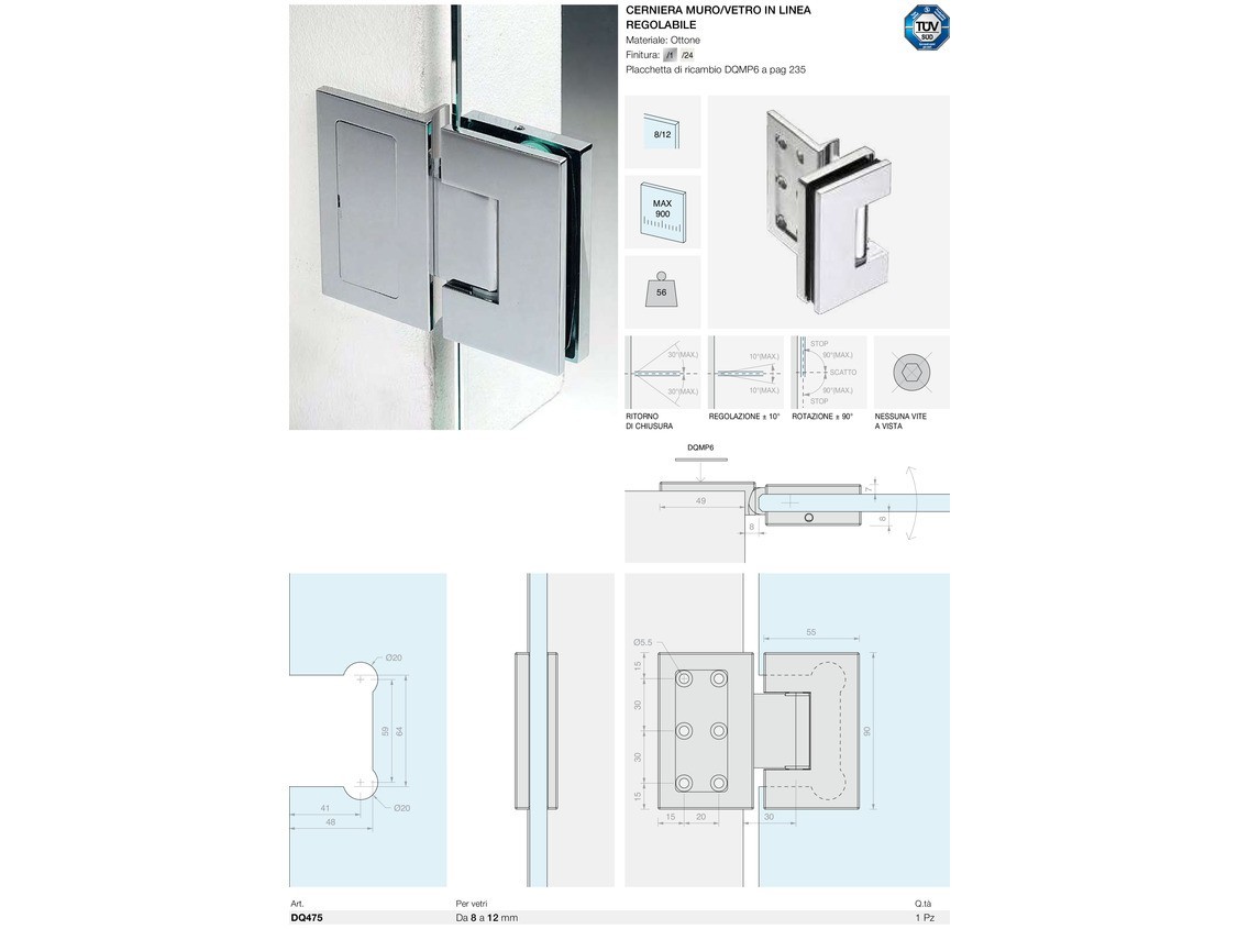 Cerniera muro/vetro in linea regolabile Logli Massimo Saint Gobain