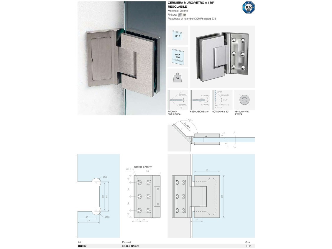 Cerniera muro/vetro a 135° regolabile Logli Massimo Saint Gobain