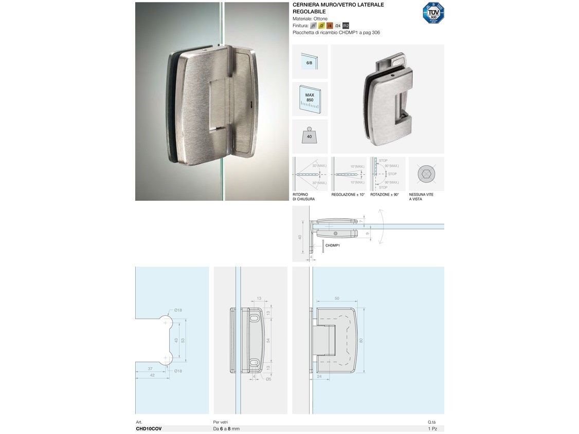 Cerniera muro/vetro laterale regolabile Logli Massimo Saint Gobain