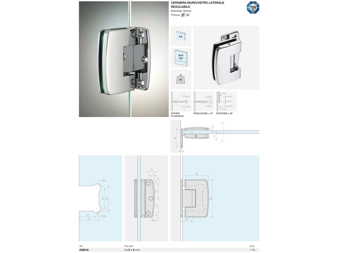 Cerniera muro/vetro laterale regolabile Logli Massimo Saint Gobain