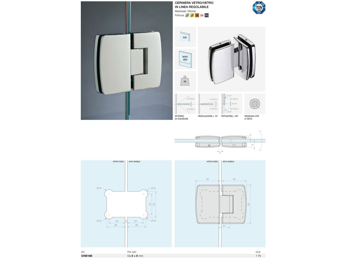 Cerniera vetro/vetro in linea regolabile Logli Massimo Saint Gobain