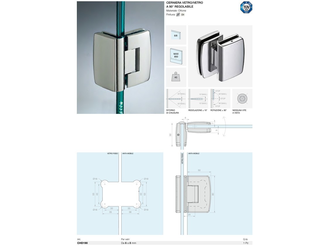 Cerniera vetro/vetro a 90° regolabile Logli Massimo Saint Gobain