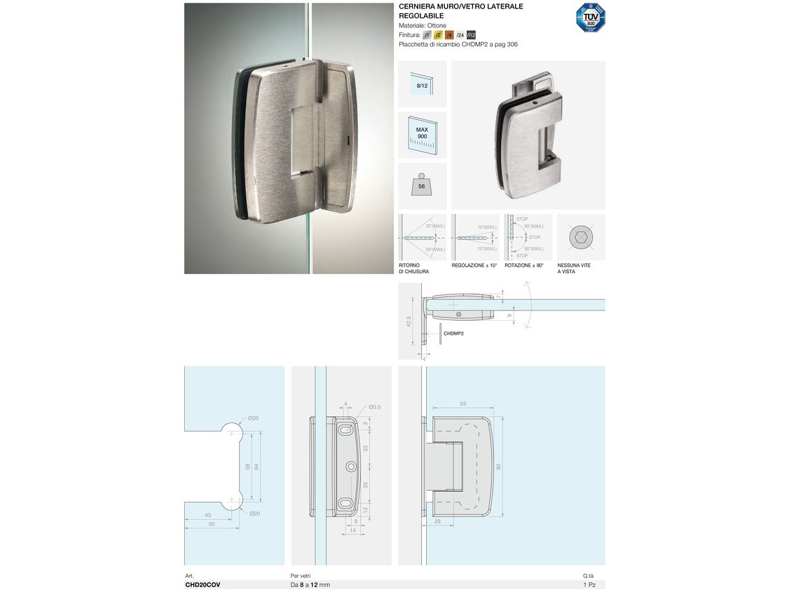 Cerniera muro/vetro laterale regolabile Logli Massimo Saint Gobain