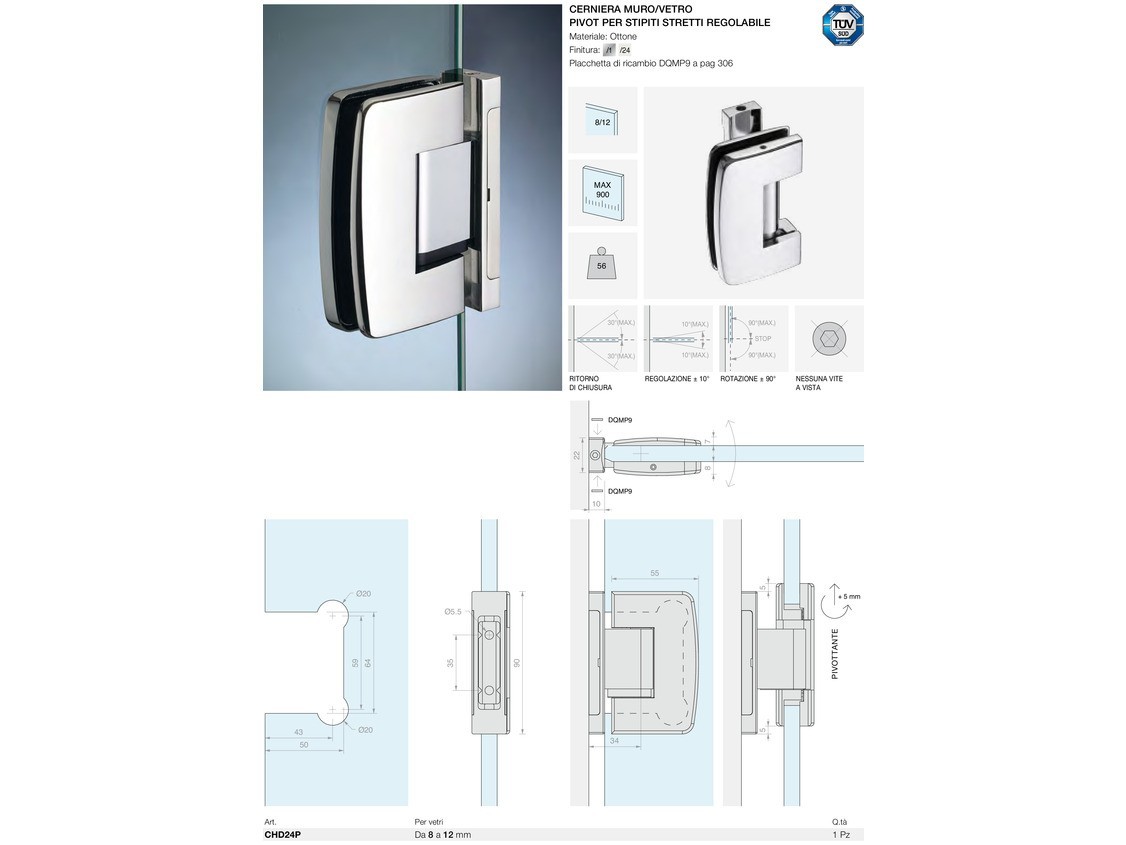 Cerniera muro/vetro pivot per stipiti stretti regolabile Logli Massimo Saint Gobain