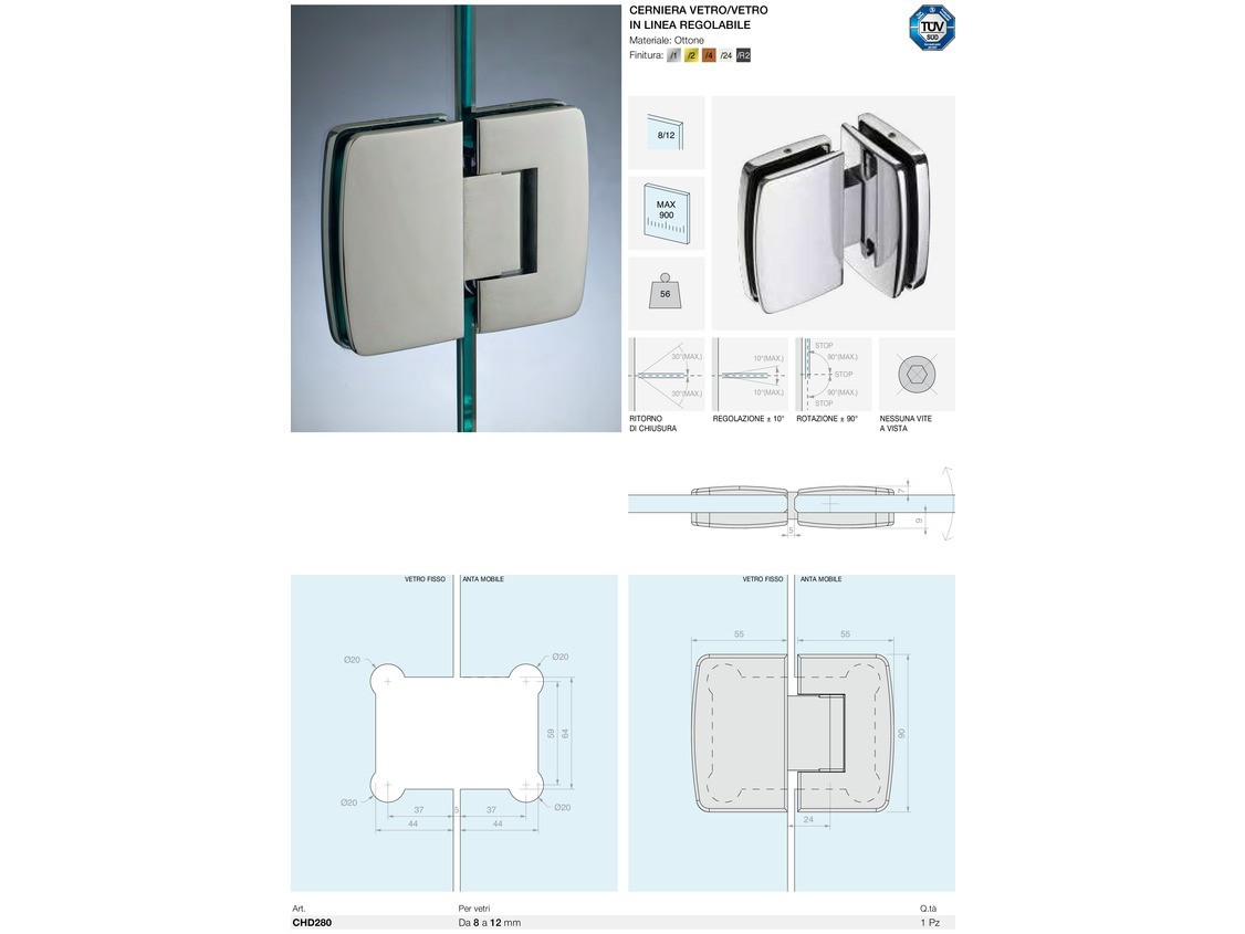 Cerniera vetro/vetro in linea regolabile Logli Massimo Saint Gobain