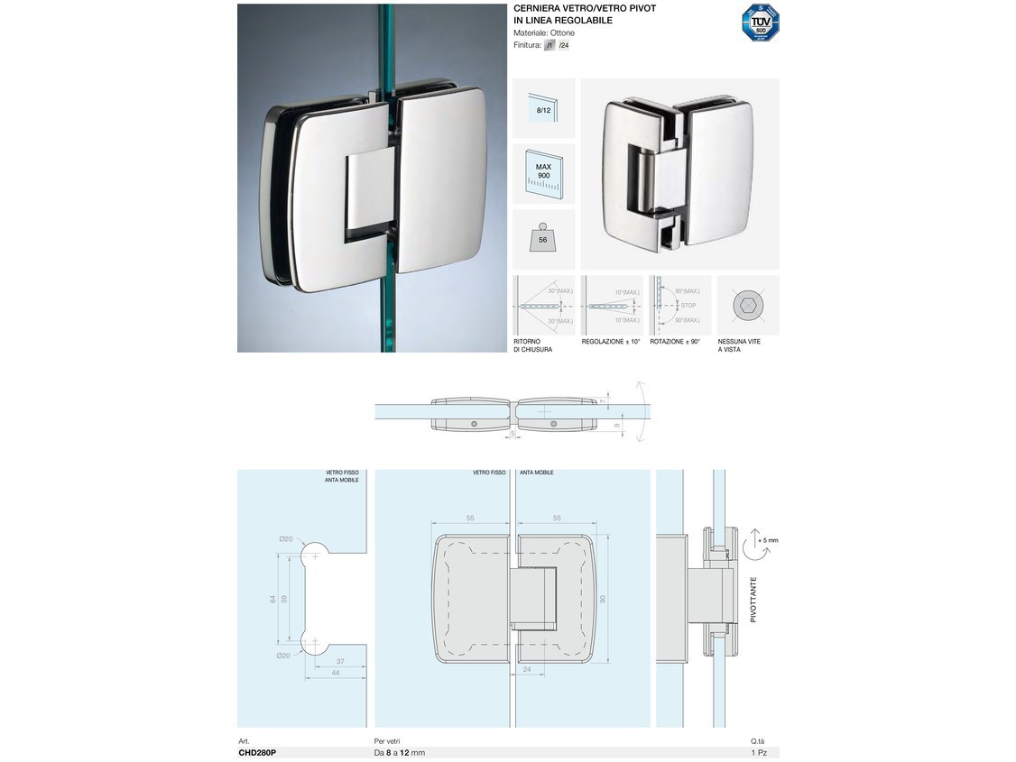 Cerniera vetro/vetro pivot in linea regolabile Logli Massimo Saint Gobain