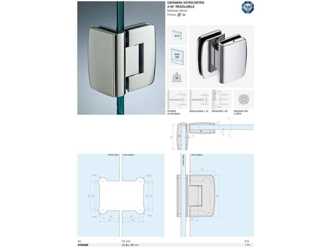 Cerniera vetro/vetro a 90° regolabile Logli Massimo Saint Gobain