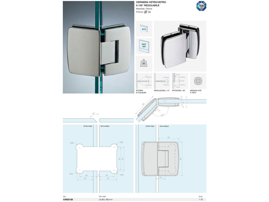 Cerniera vetro/vetro a 135° regolabile Logli Massimo Saint Gobain