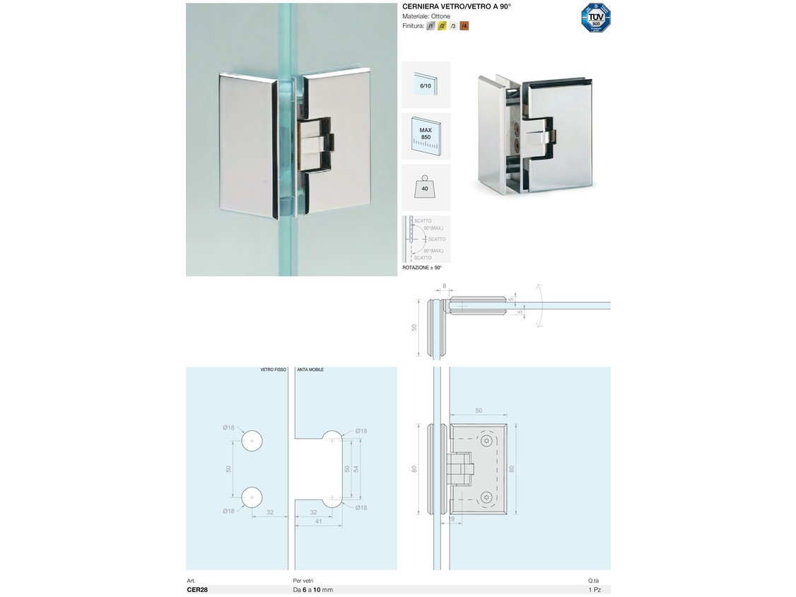 Cerniera vetro/vetro a 90° Logli Massimo Saint Gobain