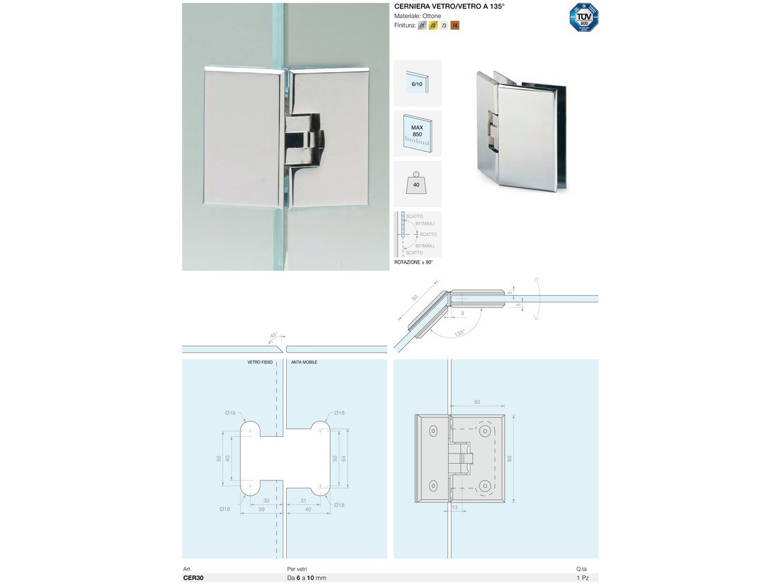 Cerniera vetro/vetro a 135° Logli Massimo Saint Gobain