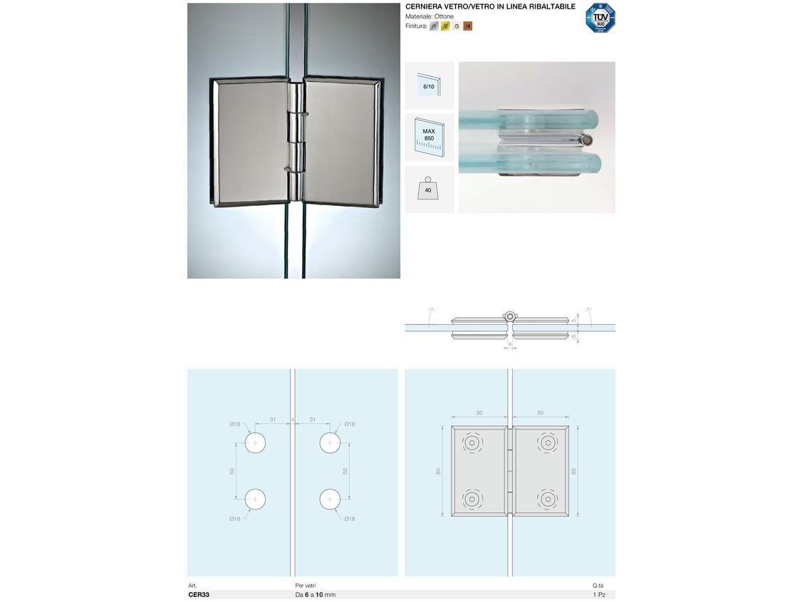 Cerniera vetro/vetro in linea ribaltabile Logli Massimo Saint Gobain