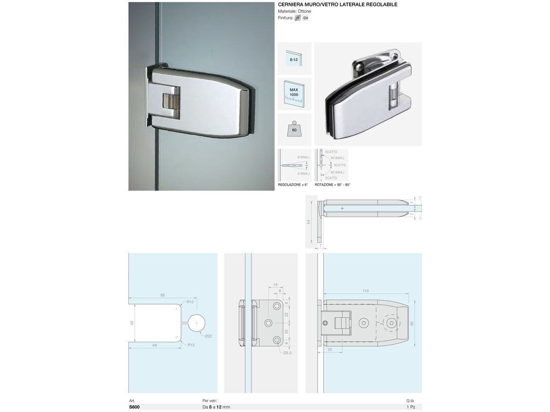 Cerniera muro/vetro laterale regolabile Logli Massimo Saint Gobain